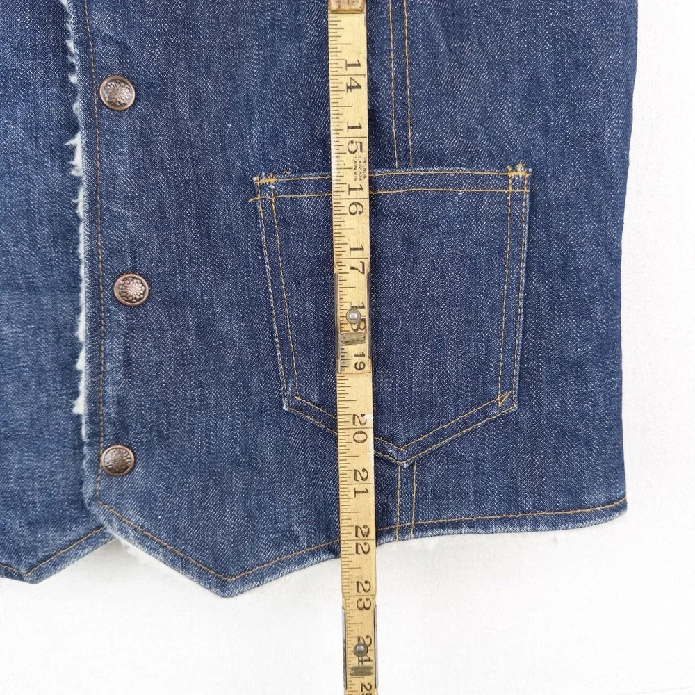 70's Vtg Dark Wash Denim Sherpa Lined Vest Men's Medium Western Snap Made USA